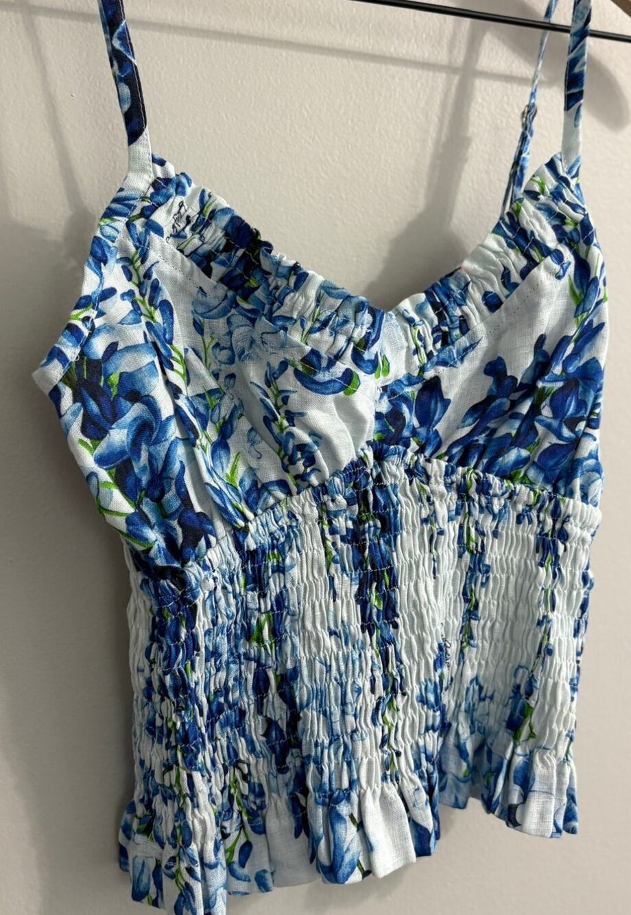 Luisa Positano Top Ornella Linen Made in Italy Blue & White Floral Crop Top XS